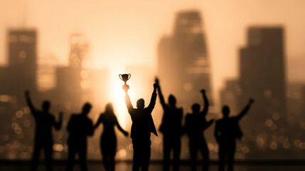 Silhouettes of business people celebrating success and teamwork against a city nightscape with one person holding a trophy high symbolizing achievement and unity.
