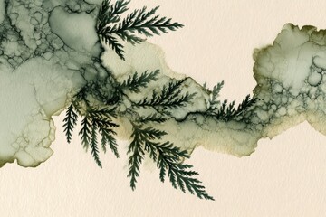 watercolor flowing organic lines blending with fern leaf silhouette, muted green and sand tones