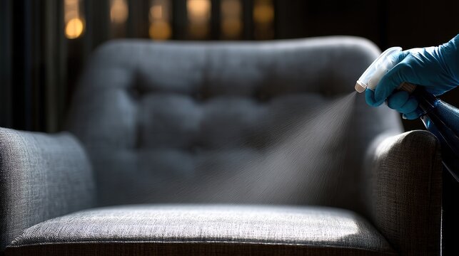 Upholstery disinfection: gloved hand sprays cleaning solution onto a chair.