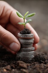 Hand holding a stack of coins with a small plant growing, symbolizing financial growth