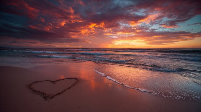 Heart in the sand: romantic sunset washed by waves of love