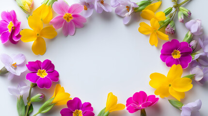 Fototapeta premium Bright spring flowers arranged in a colorful floral frame on white background. 