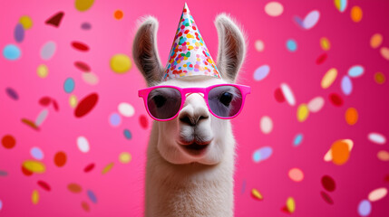 Obraz premium Funny llama wearing party hat and sunglasses with colorful confetti on pink background. 