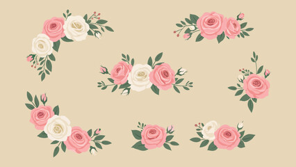 Collection of beautiful floral arrangements featuring pink and white roses with green leaves, perfect for design.
