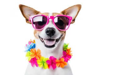 A cheerful dog wearing pink sunglasses and a colorful flower lei. posing against a white background. exuding a fun and playful summer vibe. perfect for pet-themed promotions or celebrations