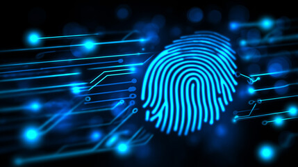 Digital blue fingerprint scanning interface with circuit board elements on dark background.
