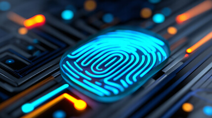 Digital blue fingerprint scanning interface with circuit board elements on dark background.
