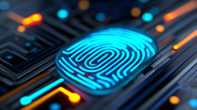 Digital blue fingerprint scanning interface with circuit board elements on dark background.
