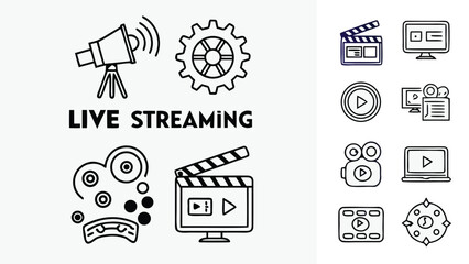 Live Streaming Video Production Digital Media Icons Set with vector illustration