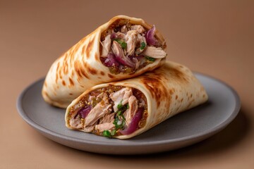 Two Fresh Chicken Wraps Stacked on Gray Plate Show Filling of Chicken and Red Onions Close Up