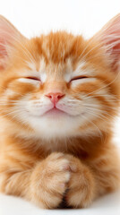 Close-up of an orange kitten with eyes closed and paws together in a praying pose.
