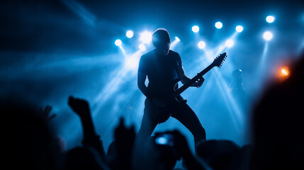 Silhouette of guitarist performing live on stage with dramatic blue lighting and crowd.
