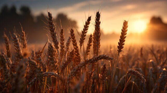Golden wheat ears with morning dew in agricultural field, warm sunlight illuminating nature at sunrise