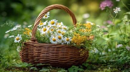 Woven basket filled with freshly picked daisies and yellow wildflowers on the grass