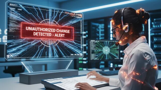 Woman Monitoring Cybersecurity Data on Holographic Computer Screen - Powered by Adobe