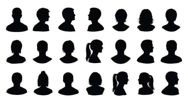 Vector art of silhouette of head set of various head silhouettes, including male and female profiles, front and side views, and different hairstyles