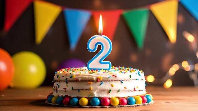 2nd birthday cake with whipped cream, sprinkles, and  number 2 candle, against a party decoration