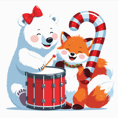 Polar bear playing drum shaped like a gift box