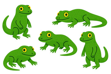 Naklejka premium Five cute green lizard and gecko characters in various poses