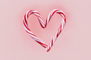 watercolor illustration of candy cane crossed into a heart shape, pastel pink background, cute festive minimal card