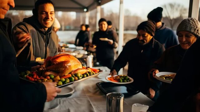 Men serving roasted turkey and vegetables to people at a community Thanksgiving Day meal outdoors, sharing food and happiness footage. - Powered by Adobe