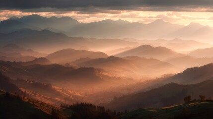Obraz premium Layers of mountains creating an atmospheric landscape at sunrise with light rays cutting through a foggy valley