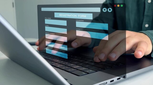 Personal data information registration online form. Digital online employee form. Human resource concept.Businessman filling out a form with personal data registration online.