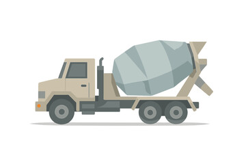 Fototapeta premium Side view of beige cement mixer truck with geometric mixing drum