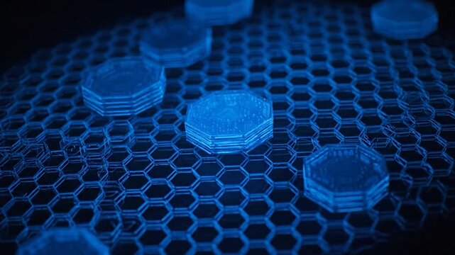 Blue honeycomb grid with stacked octagonal shapes