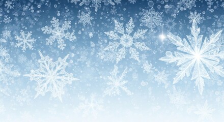 Delicate crystalline snowflakes descend on a wintery light blue gradient backdrop