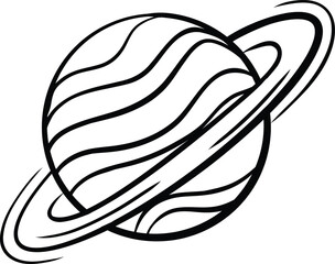A black and white line art drawing of a ringed planet, possibly Saturn, with distinct stripes and a prominent ring system. © kitsun vibes