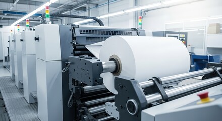 High-quality printing house machinery with large roll of white paper, showcasing advanced printing technology and equipment in a modern industrial environment for commercial printing