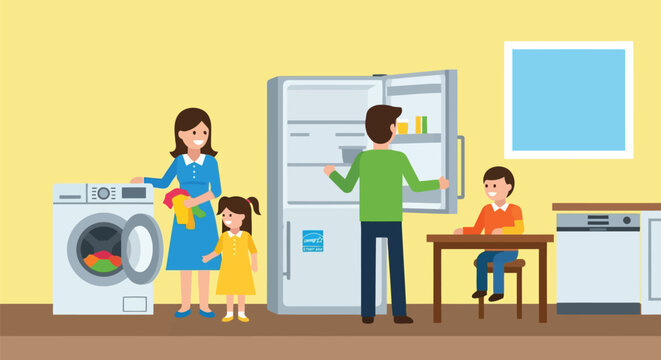 Family doing chores together in a modern kitchen loading washing machine, organizing refrigerator, and child at table - Powered by Adobe