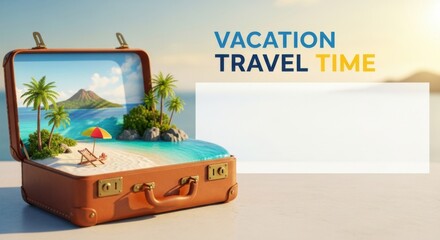 Miniature tropical escape within an opened vintage suitcase, travel concept
