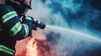 Firefighter using water gun to extinguish fire at fire scene, emergency documentary style with 8K HDR quality, thick smoke atmosphere highlighting dynamic tension. Suitable for fire safety promotion