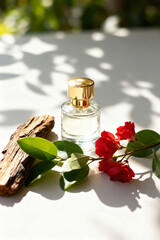 Perfume bottle with a golden lid on a warm background with a tree branch and flowers