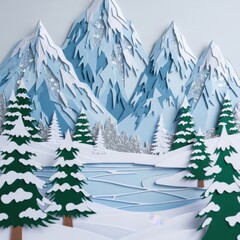 Intricate paper craft winter scene with snow-capped mountains and evergreen trees