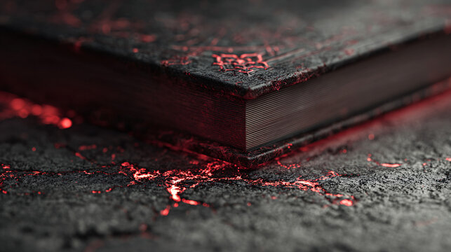 Mysterious ancient book with glowing runes rests on cracked, fiery ground