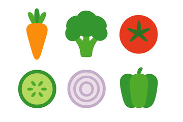 Six colorful flat style icons of common vegetables like carrot broccoli and tomato
