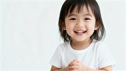 Portrait of a cheerful laughing Asian girl 3-4 years old in a white T-shirt