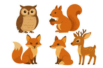 Fototapeta premium Charming set of cute woodland creatures including owl squirrel fox and deer