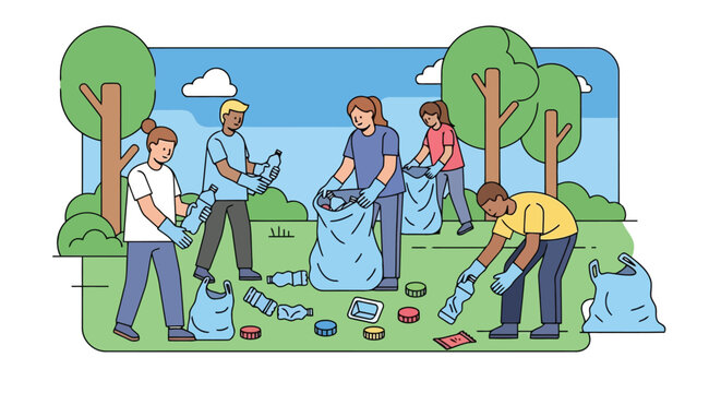 Volunteers cleaning up a park, collecting trash and plastic bottles into large bags for recycling