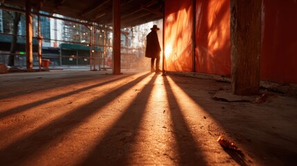 A captivating silhouette of a mysterious figure standing against a backdrop of golden light rays and shadows, evoking a sense of intrigue, nostalgia, and cinematic storytelling.