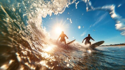 Two surfers captured in action as they ride powerful waves during golden hour, showcasing the thrill of surfing while enjoying a sun-kissed day at the beach.