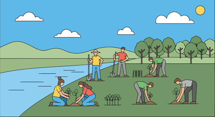 People planting trees and saplings in a field near a river, illustrating environmental conservation and community effort