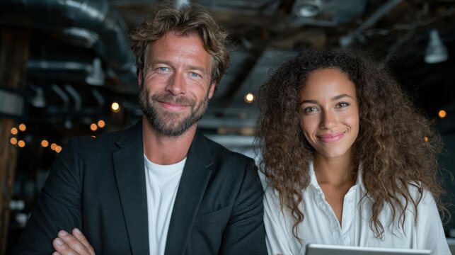 A cheerful couple stands confidently in a creative workspace, exuding warmth and camaraderie, reflecting modern professional relationships in a stylish setting.