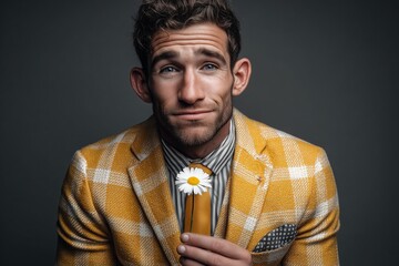 Fototapeta premium A man in a plaid suit holds a daisy, gazing earnestly with a quirky expression. The image radiates humor, charm, and playful personality.