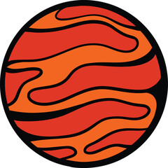Stylized illustration of a red and orange planet with wavy lines, resembling a celestial body or abstract sphere in a bold graphic style.