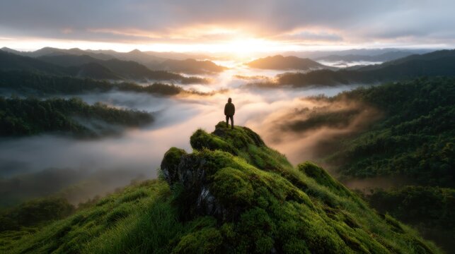 A breathtaking panorama of a misty mountain valley at sunset, showcasing dramatic clouds and lush greenery, evoking a sense of tranquility and awe in nature's beauty. - Powered by Adobe