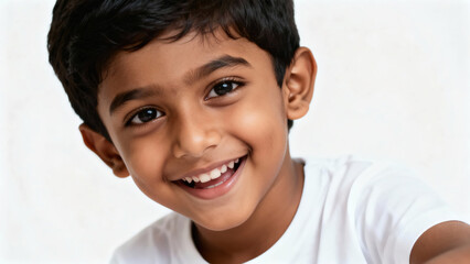 Portrait of Indian joyful 5-year-old boy in a T-shirt on a white background